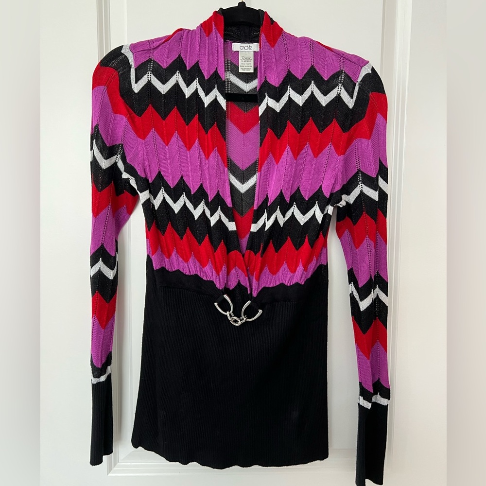 Cache purple, red, black and silver chevron peek-a-boo knit stretch top size L